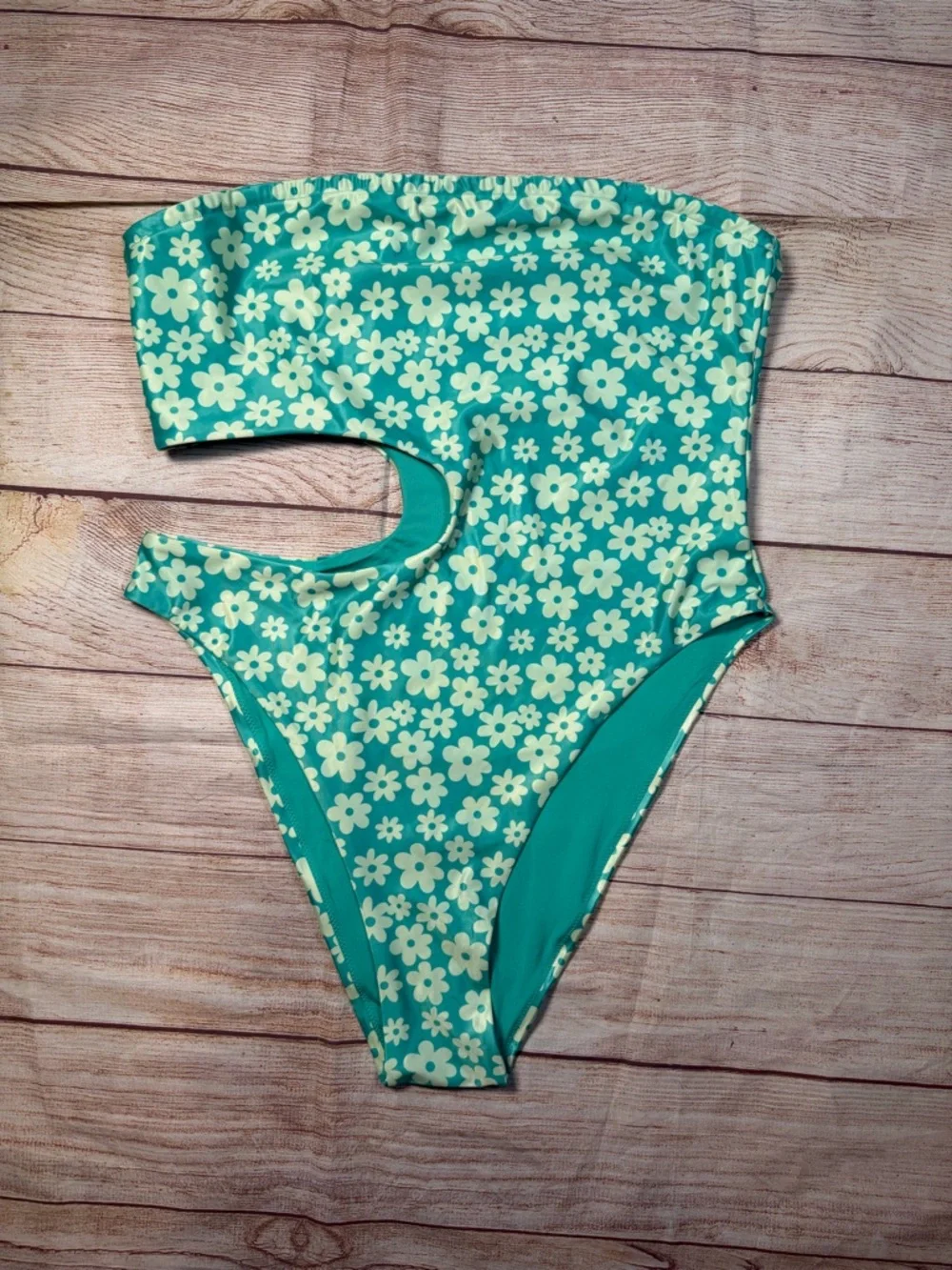 H&M Teal Micro Floral One-Piece Cutout Strapless Swimsuit and‎ Swim Skirt